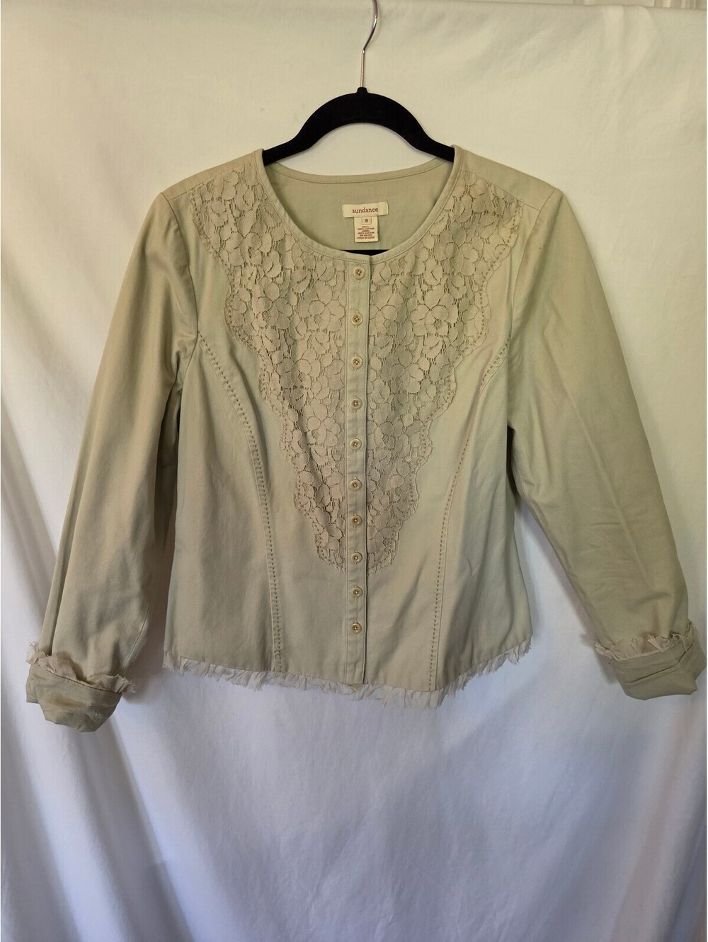 Sundance Lace Militaire Jacket Womens 8 Taupe Cotton Lace Boho Raw Hem $138